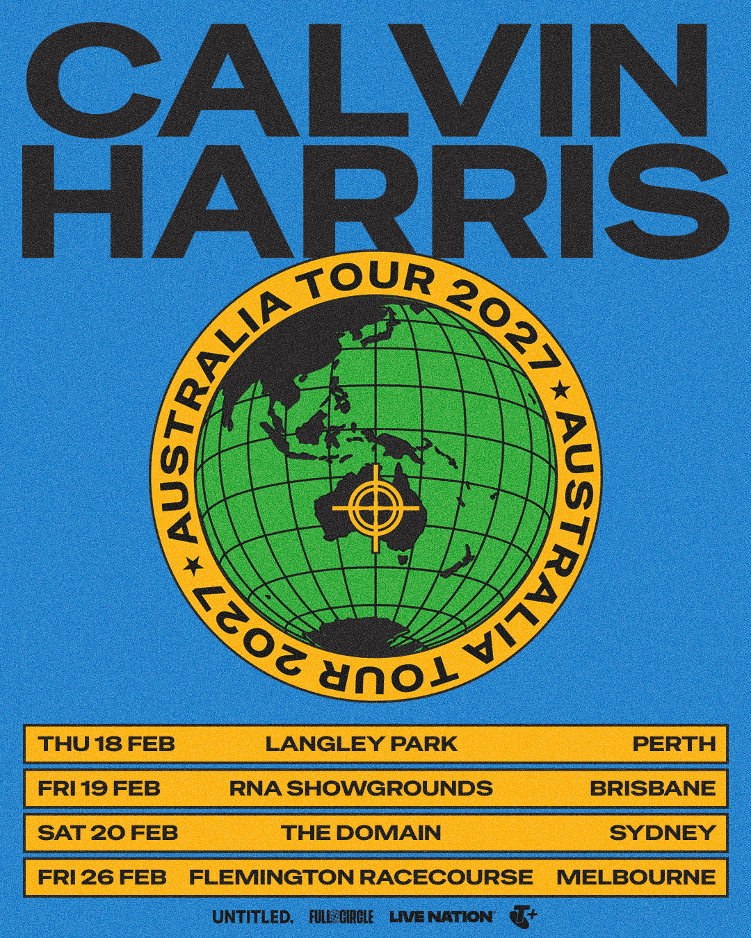 Calvin Harris Australia Tour 2027 poster featuring a green globe design and show dates for Perth, Brisbane, Sydney, and Melbourne.